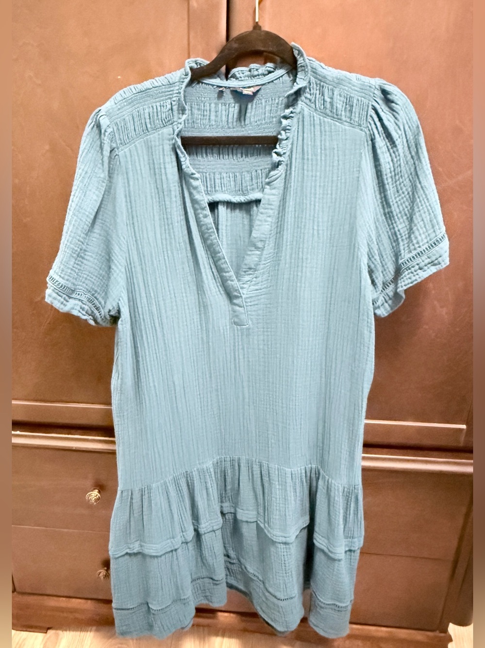 Buffalo David Bitton Teal Gauze Tiered Short-Sleeve Mini Dress